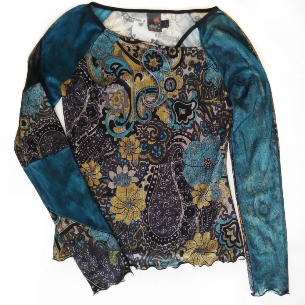 Anac Black Teal Blue Yellow Long Sleeve Top - M